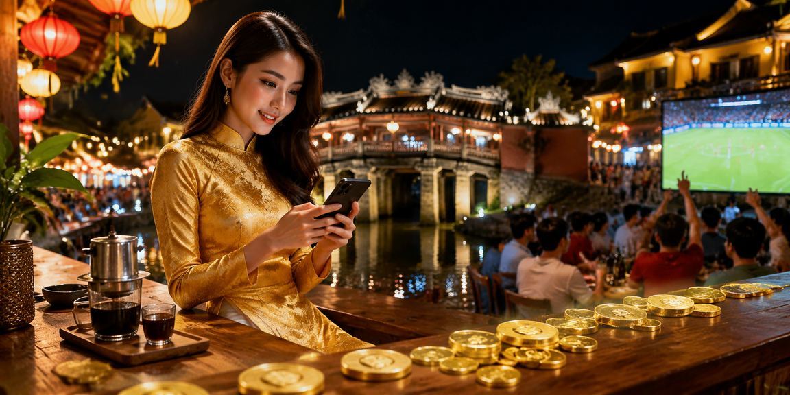 Người dùng Hội An trải nghiệm casino trên điện thoại di động trong trang phục áo dài truyền thống